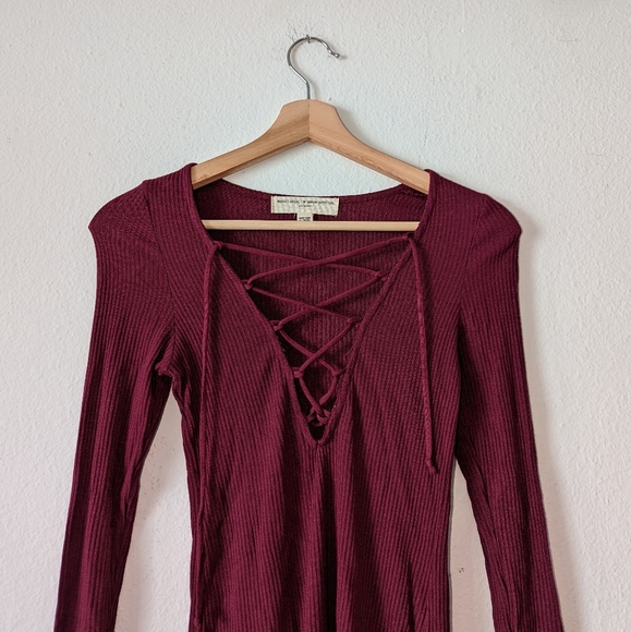 UO Project Social T Lace Up Ribbed Long Sleeve Tee Shirt - Picture 3 of 7
